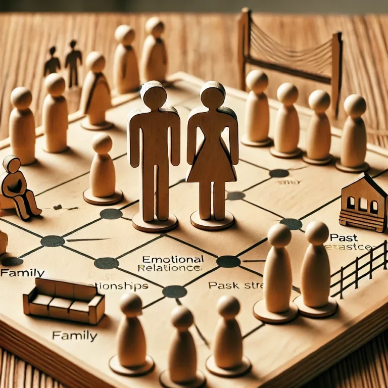 Holzspielbrett mit Figuren, das Familienszenarien und -interaktionen darstellt.